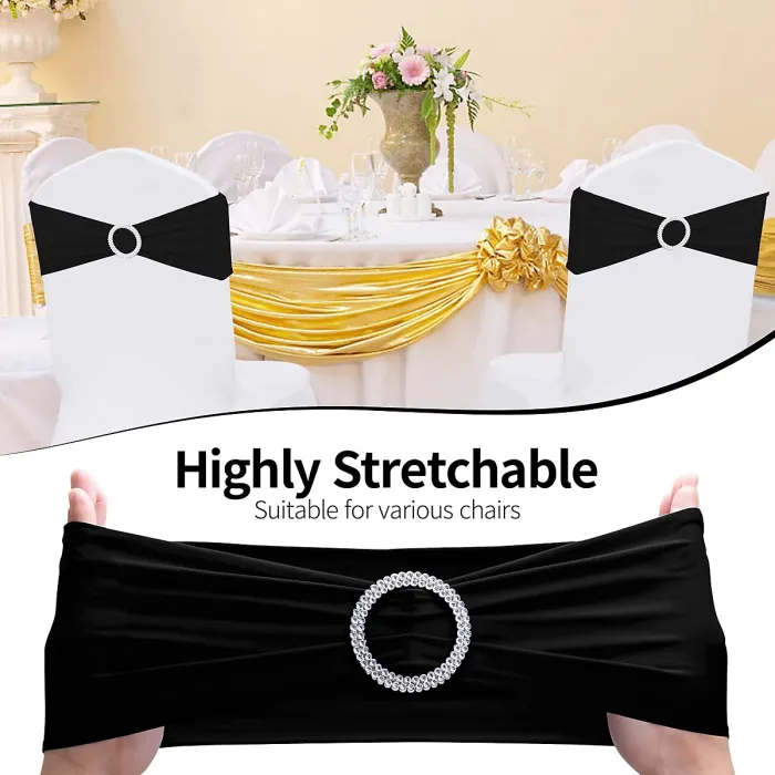 Black Spandex Chair Band with Slider Buckle Stretchy Chair Band Sash, 10pcs