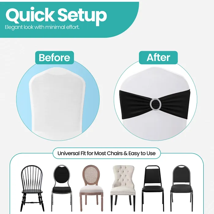 Black Spandex Chair Band with Slider Buckle Stretchy Chair Band Sash, 10pcs