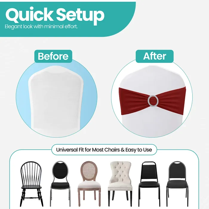 Claret Spandex Chair Band with Slider Buckle Stretchy Chair Band Sash, 10pcs