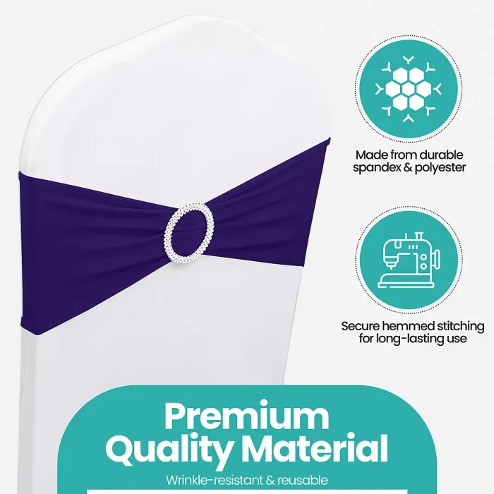 Dark Purple Spandex Chair Band with Slider Buckle Stretchy Chair Band Sash, 10pcs