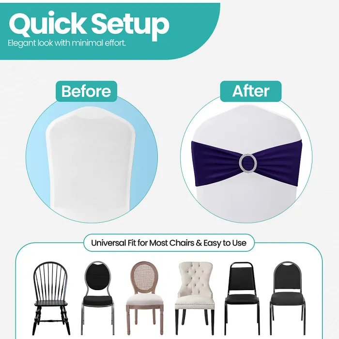 Dark Purple Spandex Chair Band with Slider Buckle Stretchy Chair Band Sash, 10pcs