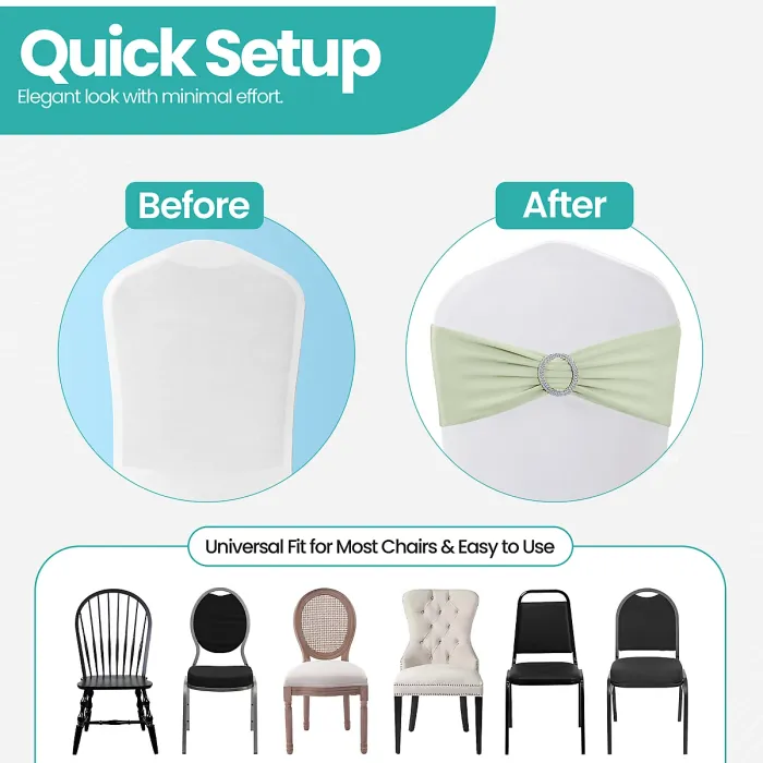 Ivory Spandex Chair Band with Slider Buckle Stretchy Chair Band Sash, 10pcs