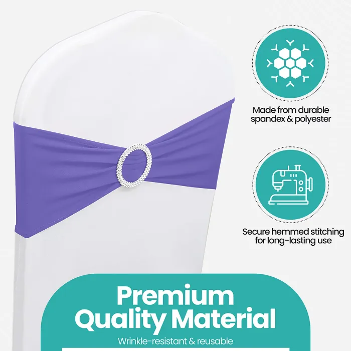 Lavender Spandex Chair Band with Slider Buckle Stretchy Chair Band Sash, 10pcs