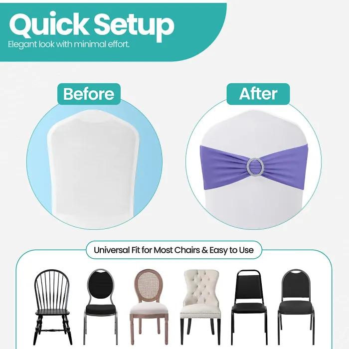 Lavender Spandex Chair Band with Slider Buckle Stretchy Chair Band Sash, 10pcs
