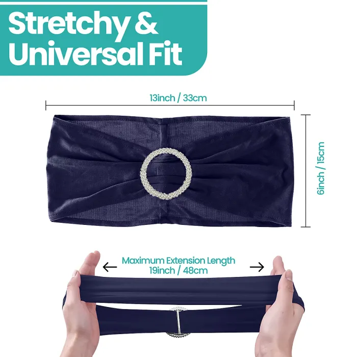 Navy Blue Spandex Chair Band with Slider Buckle Stretchy Chair Band Sash, 10pcs