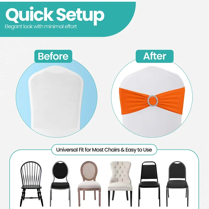 Orange Spandex Chair Band with Slider Buckle Stretchy Chair Band Sash, 10pcs