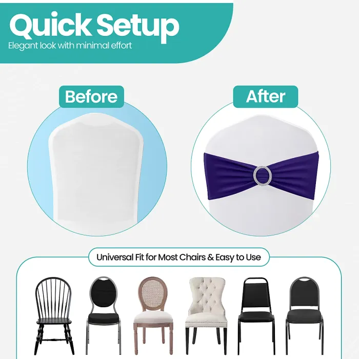Purple Spandex Chair Band with Slider Buckle Stretchy Chair Band Sash, 10pcs