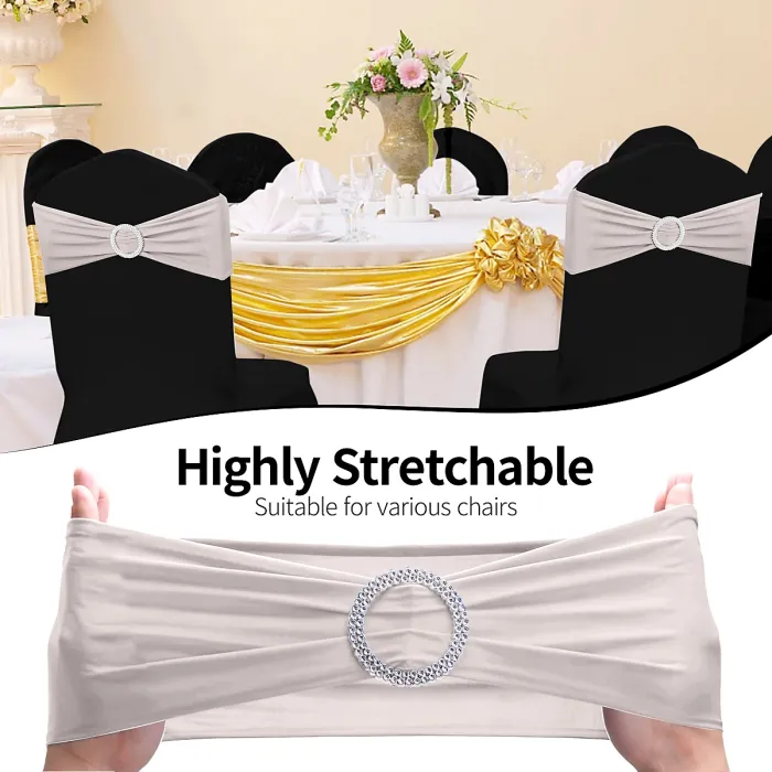 Silver Spandex Chair Band with Slider Buckle Stretchy Chair Band Sash, 10pcs