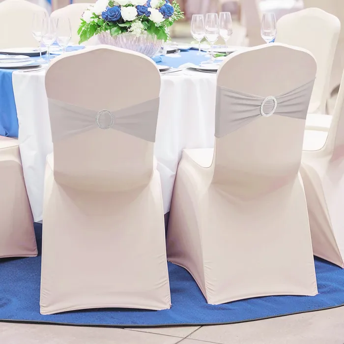 Silver Spandex Chair Band with Slider Buckle Stretchy Chair Band Sash, 10pcs