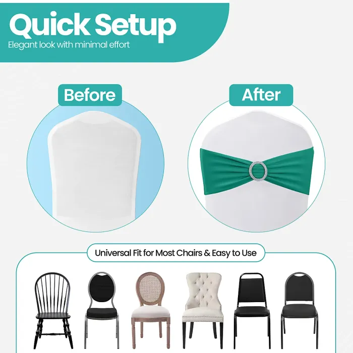Turquoise Spandex Chair Band with Slider Buckle Stretchy Chair Band Sash, 10pcs