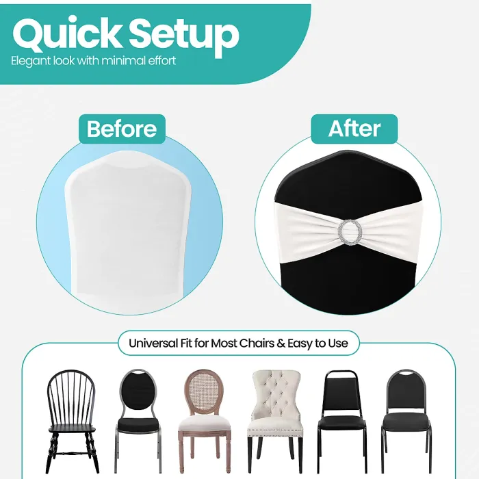 White Spandex Chair Band with Slider Buckle Stretchy Chair Band Sash, 10pcs