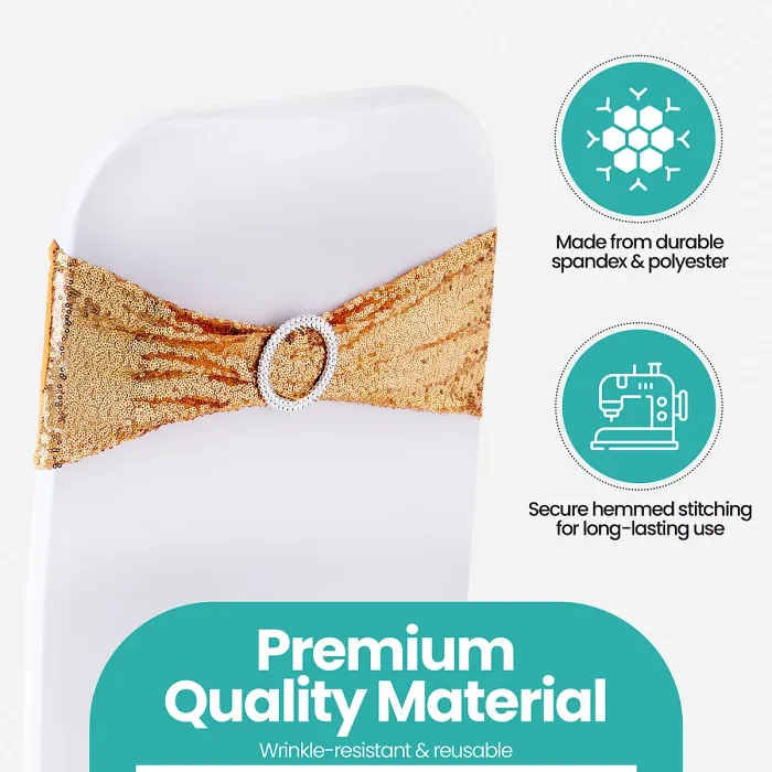 Gold Sequin Chair Band with Slider Buckle Stretchy Chair Band Sash, Pack of 10