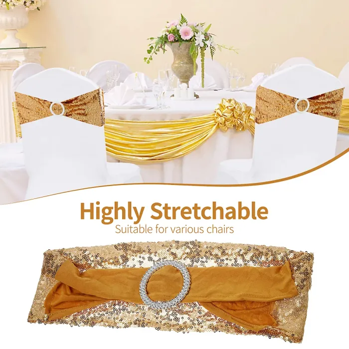 Gold Sequin Chair Band with Slider Buckle Stretchy Chair Band Sash, Pack of 10