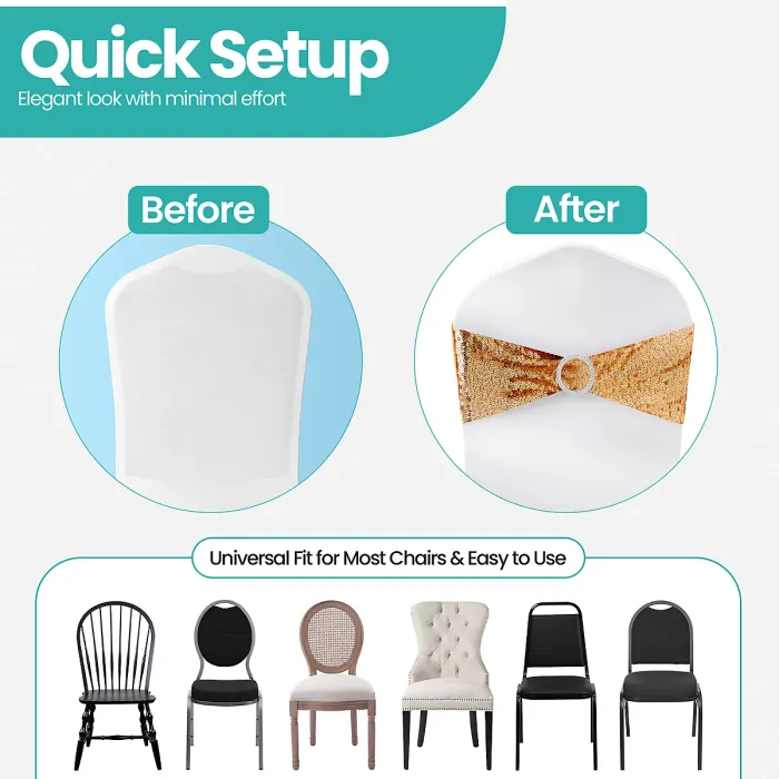 Gold Sequin Chair Band with Slider Buckle Stretchy Chair Band Sash, Pack of 10