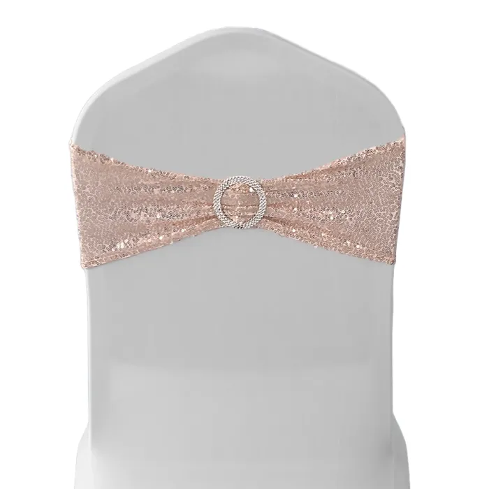 Rose Gold Sequin Chair Band with Slider Buckle Stretchy Chair Band Sash, Pack of 10