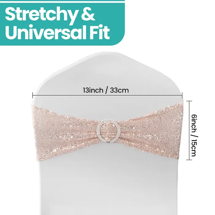 Rose Gold Sequin Chair Band with Slider Buckle Stretchy Chair Band Sash, Pack of 10