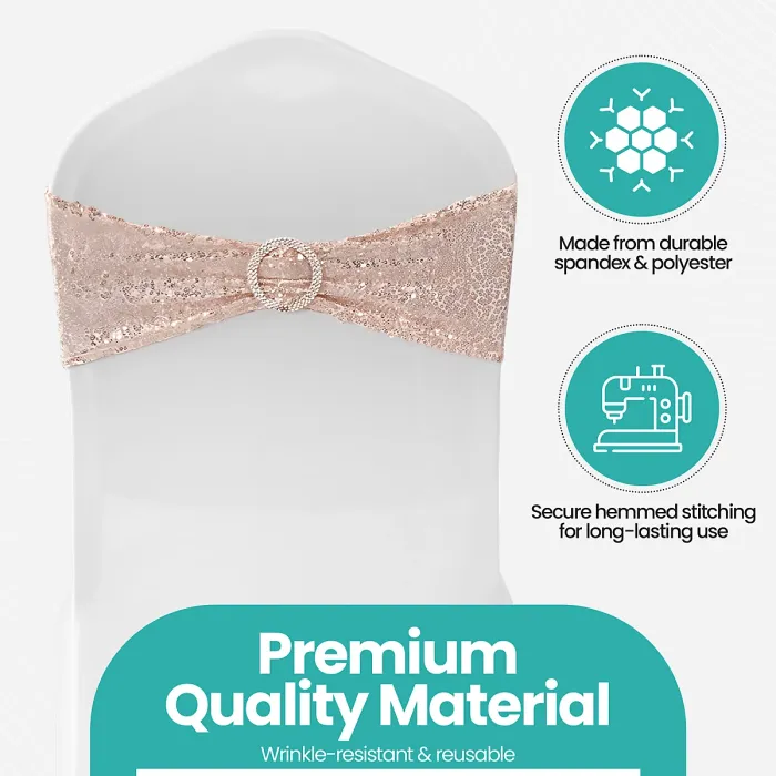 Rose Gold Sequin Chair Band with Slider Buckle Stretchy Chair Band Sash, Pack of 10