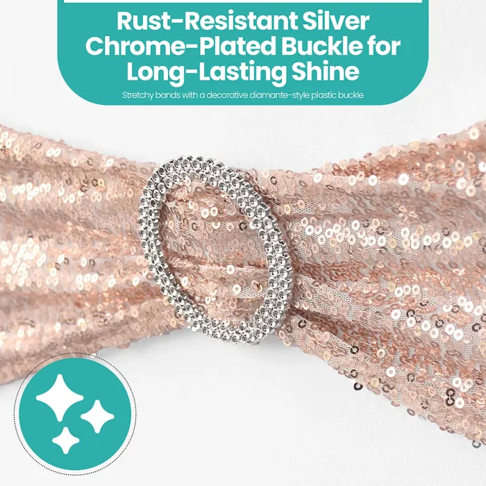 Rose Gold Sequin Chair Band with Slider Buckle Stretchy Chair Band Sash, Pack of 10