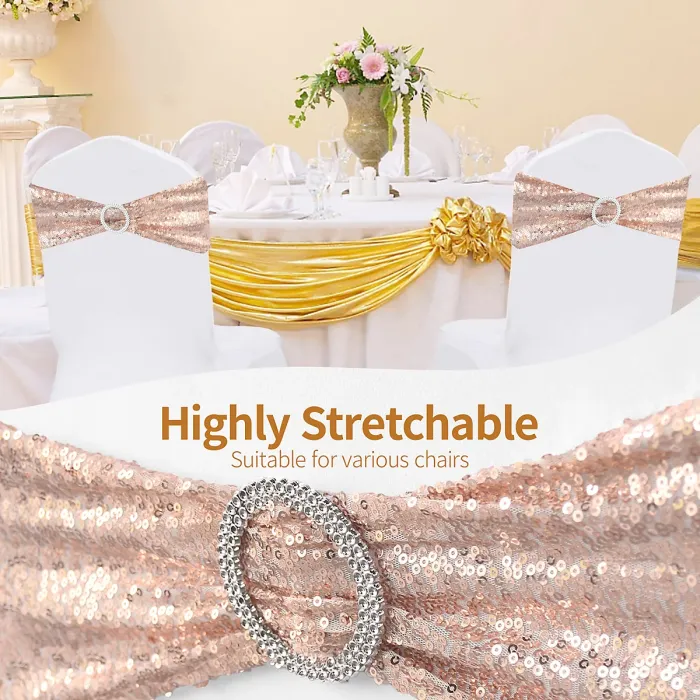 Rose Gold Sequin Chair Band with Slider Buckle Stretchy Chair Band Sash, Pack of 10