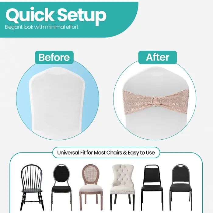 Rose Gold Sequin Chair Band with Slider Buckle Stretchy Chair Band Sash, Pack of 10