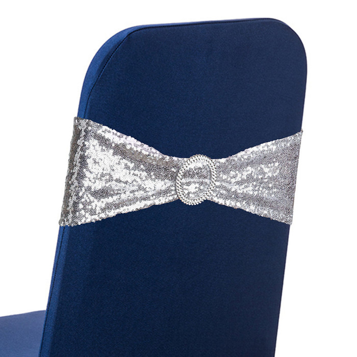 Silver Sequin Chair Band with Slider Buckle Stretchy Chair Band Sash, Pack of 10