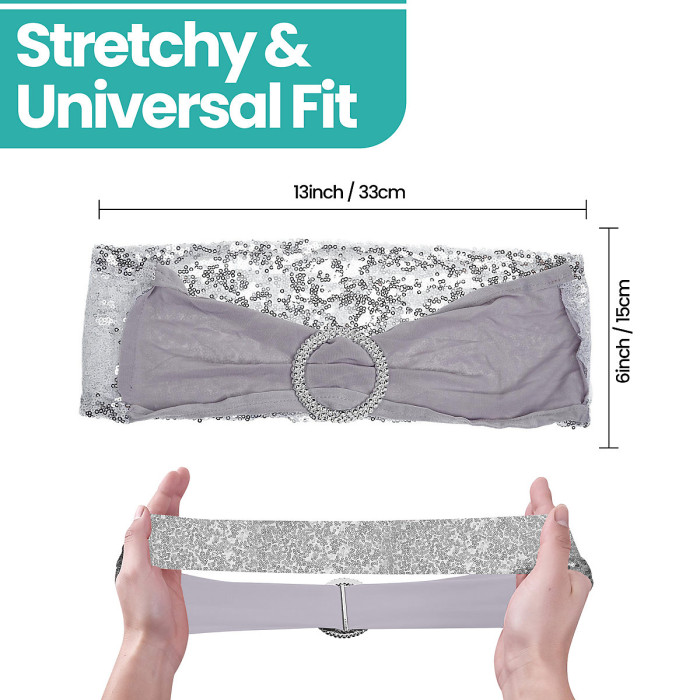 Silver Sequin Chair Band with Slider Buckle Stretchy Chair Band Sash, Pack of 10