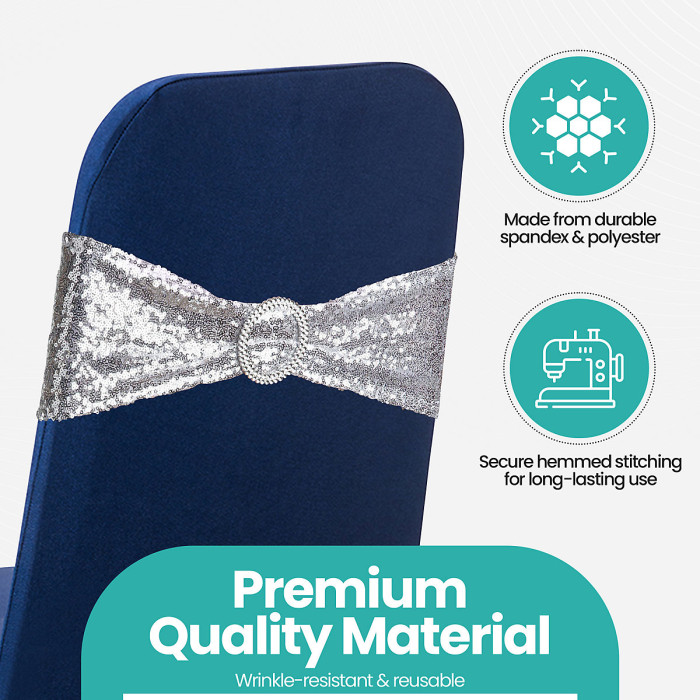 Silver Sequin Chair Band with Slider Buckle Stretchy Chair Band Sash, Pack of 10
