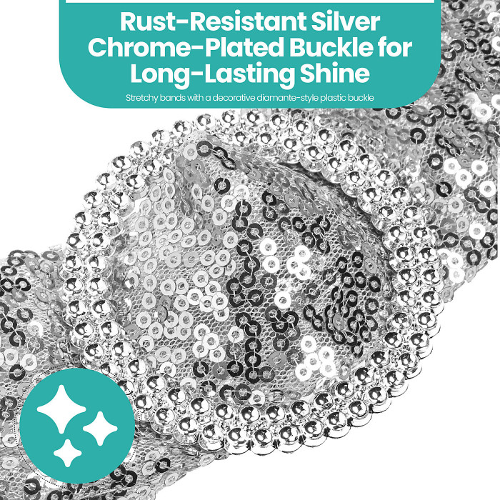 Silver Sequin Chair Band with Slider Buckle Stretchy Chair Band Sash, Pack of 10