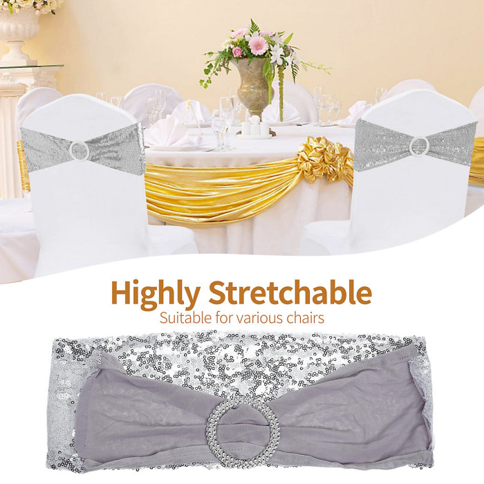 Silver Sequin Chair Band with Slider Buckle Stretchy Chair Band Sash, Pack of 10