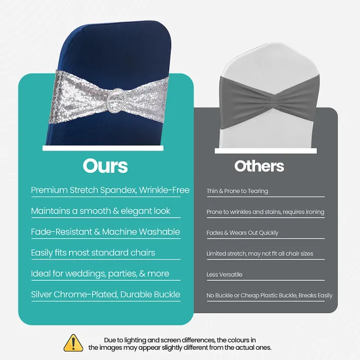 Silver Sequin Chair Band with Slider Buckle Stretchy Chair Band Sash, Pack of 10