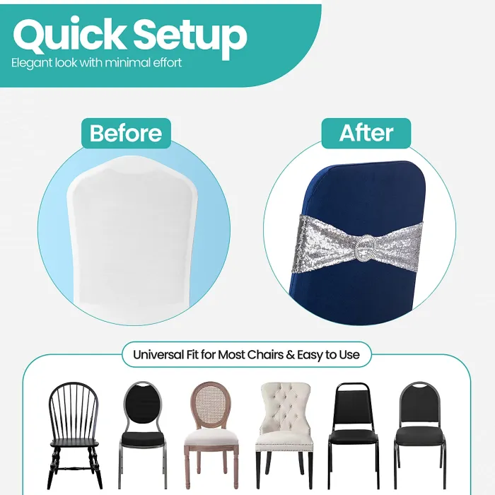 Silver Sequin Chair Band with Slider Buckle Stretchy Chair Band Sash, Pack of 10