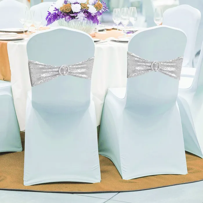 Silver Sequin Chair Band with Slider Buckle Stretchy Chair Band Sash, Pack of 10