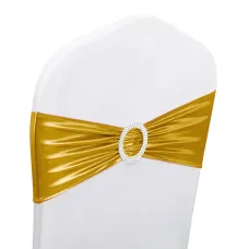 10pcs Shiny Chair Band with Slider Buckle Synthetic Fabric Elastic Sash, Gold