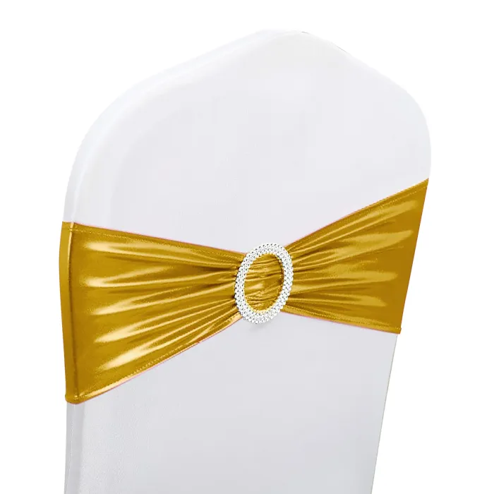 10pcs Shiny Chair Band with Slider Buckle Synthetic Fabric Elastic Sash, Gold