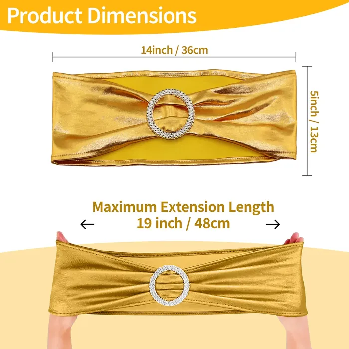 10pcs Shiny Chair Band with Slider Buckle Synthetic Fabric Elastic Sash, Gold