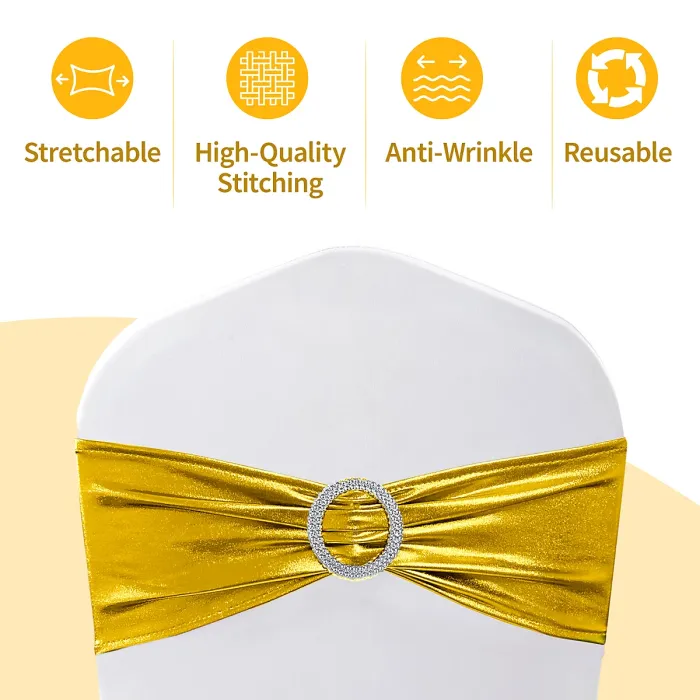 10pcs Shiny Chair Band with Slider Buckle Synthetic Fabric Elastic Sash, Gold