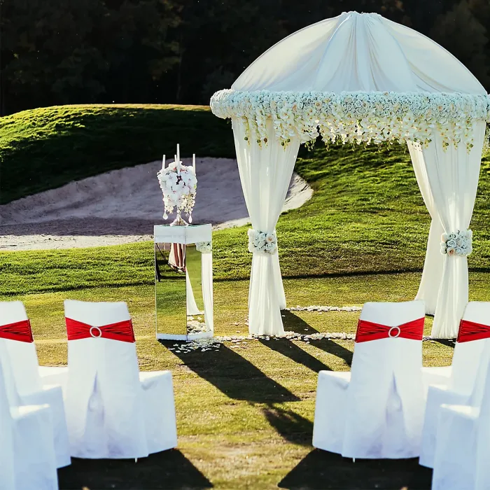 10pcs Shiny Chair Band with Slider Buckle Synthetic Fabric Elastic Sash, Gold