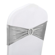10pcs Shiny Chair Band with Slider Buckle Synthetic Fabric Elastic Sash, Silver