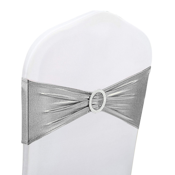 10pcs Shiny Chair Band with Slider Buckle Synthetic Fabric Elastic Sash, Silver
