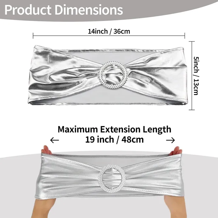 10pcs Shiny Chair Band with Slider Buckle Synthetic Fabric Elastic Sash, Silver