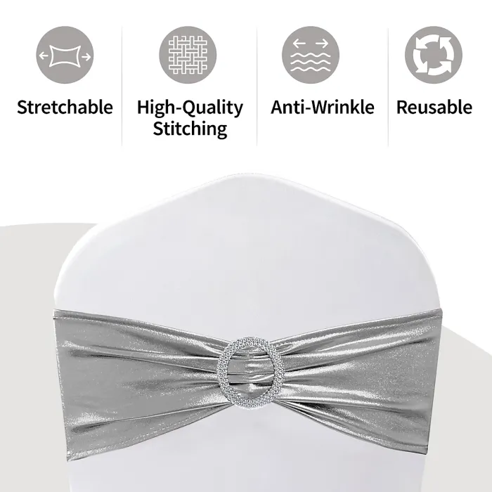 10pcs Shiny Chair Band with Slider Buckle Synthetic Fabric Elastic Sash, Silver