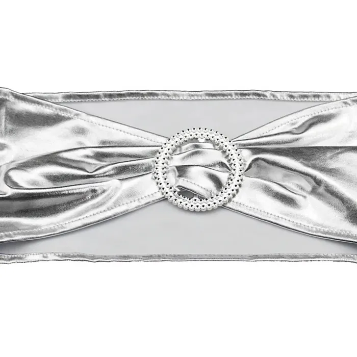 10pcs Shiny Chair Band with Slider Buckle Synthetic Fabric Elastic Sash, Silver