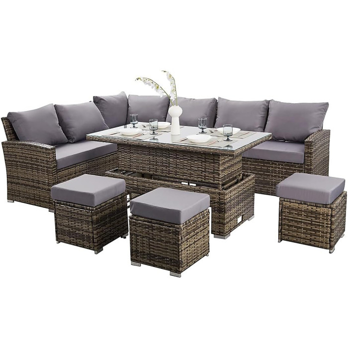 Nustone L-Shaped Corner Rattan Garden Furniture Lounge Dining Set for Seating 8 People - In Grey