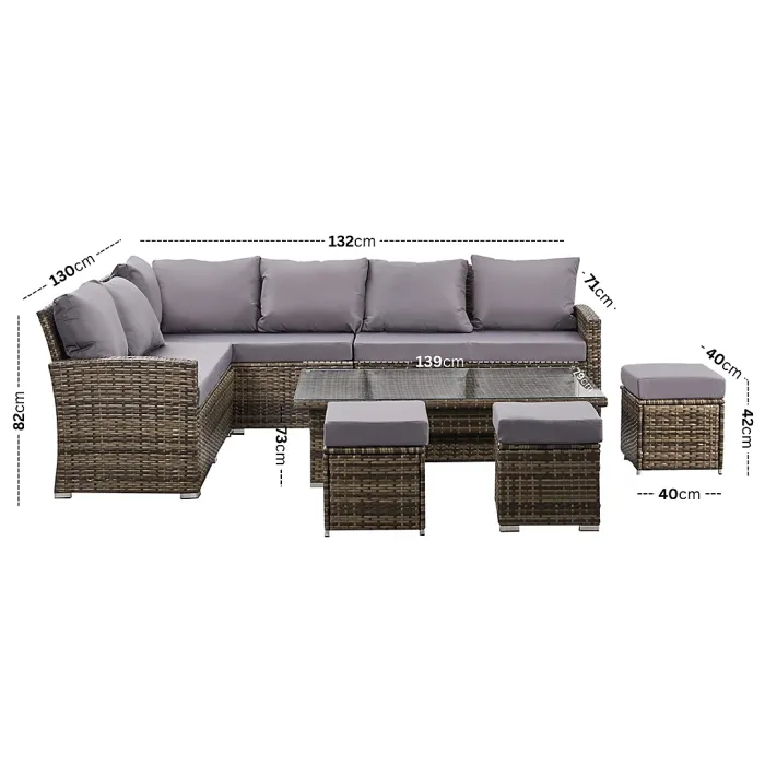 Nustone L-Shaped Corner Rattan Garden Furniture Lounge Dining Set for Seating 8 People - In Grey