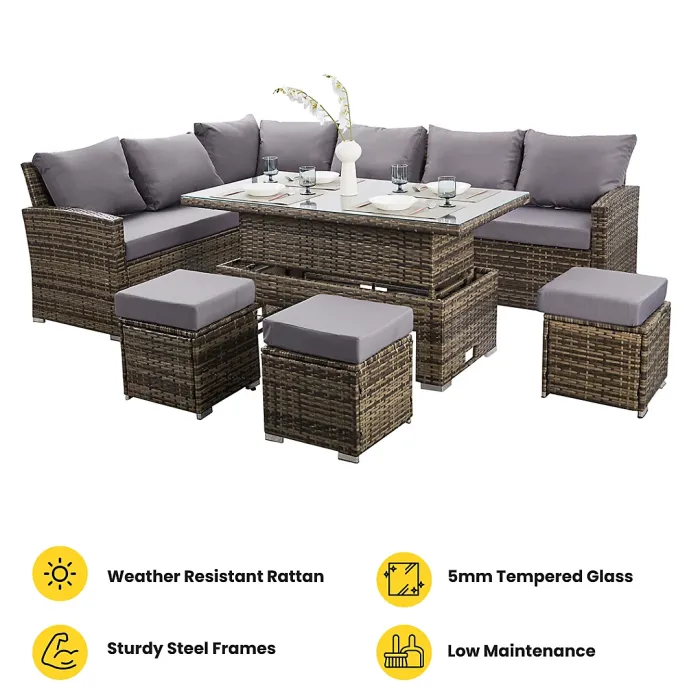 Nustone L-Shaped Corner Rattan Garden Furniture Lounge Dining Set for Seating 8 People - In Grey