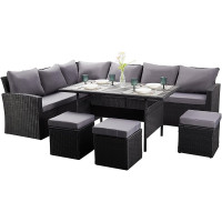 Nustone L-Shaped Corner Rattan Garden Furniture Lounge Dining Set for Seating 8 People In Black