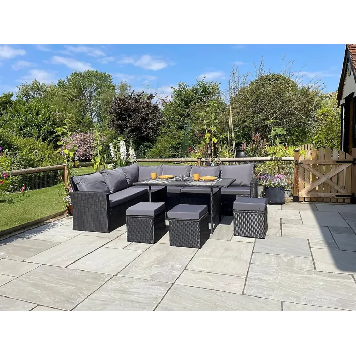 Nustone L-Shaped Corner Rattan Garden Furniture Lounge Dining Set for Seating 8 People In Black