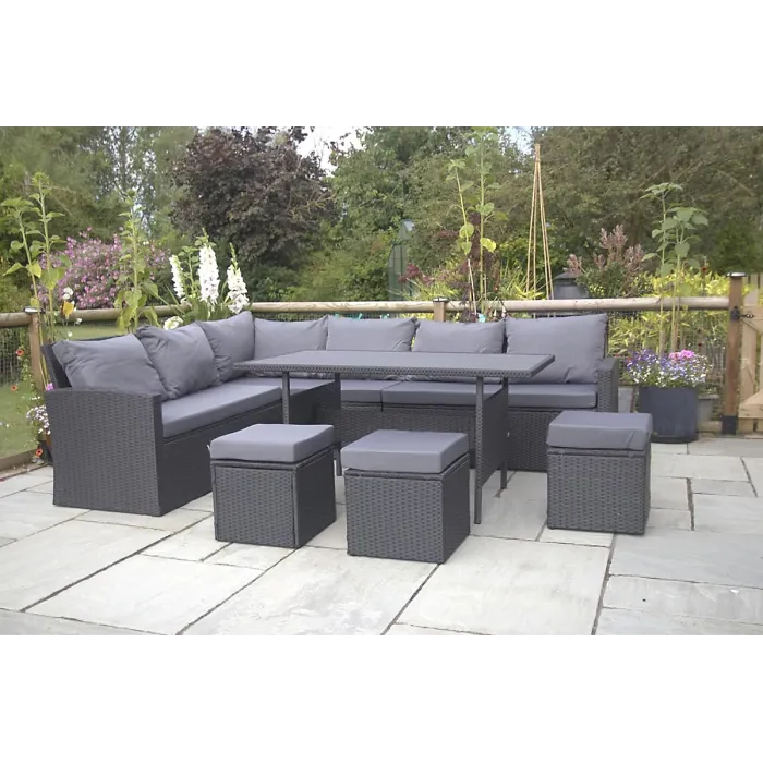 Nustone L-Shaped Corner Rattan Garden Furniture Lounge Dining Set for Seating 8 People In Black