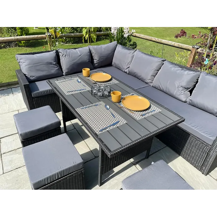 Nustone L-Shaped Corner Rattan Garden Furniture Lounge Dining Set for Seating 8 People In Black