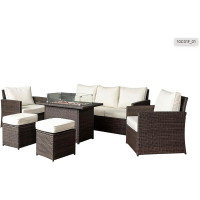 Nustone Rattan Garden Furniture Lounge Dining Set for Seating 7 People With 3 Seater Sofa, 2 Armchairs and 2 Stools